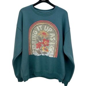 Natural Life Teal Making It Up As I go Sweatshirt Small Floral Graphic Oversized